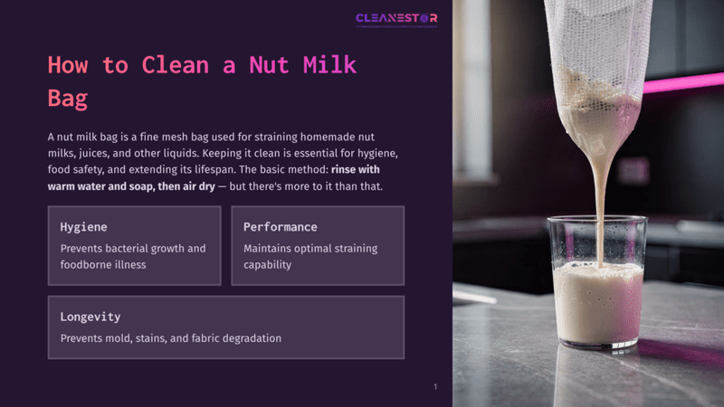 1 How To Clean A Nut Milk Bag Close-Up Of Homemade Nut Milk Being Strained Through A White Mesh Bag Into A Glass Pitcher, With Text Overlay &Quot;How To Clean A Nut Milk Bag&Quot; And &Quot;Cleanestor&Quot;.