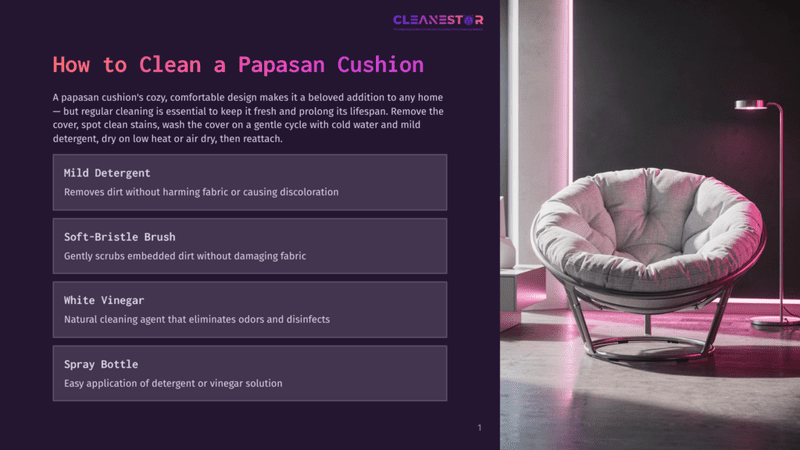 1 How To Clean A Papasan Cushion 1 A Plush, Round Papasan Chair With A White Cushion Sits In A Modern Room With A Pink Neon Light Casting A Glow. Text Overlays Offer Cleaning Tips For Papasan Cushions.