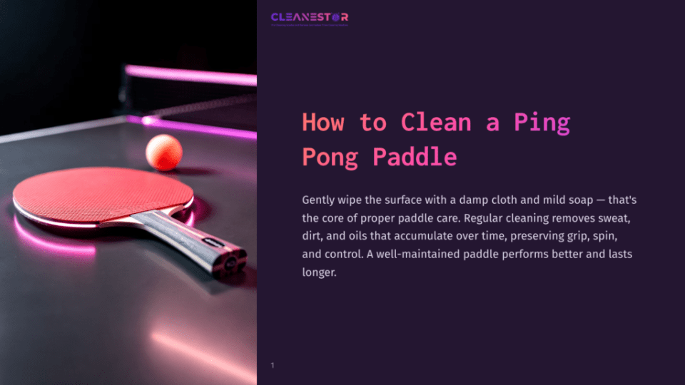 1 How To Clean A Ping Pong Paddle A Red Ping Pong Paddle Rests On A Dark Ping Pong Table, With A Neon Pink Light Reflecting On The Surface. &Quot;How To Clean A Ping Pong Paddle&Quot; Is Written In Large White And Pink Text On The Right Side Of The Image.