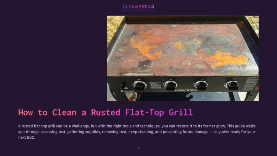 1 How To Clean A Rusted Flat Top Grill Close-Up Of A Heavily Rusted, Dirty Flat-Top Grill With Orange And Brown Rust Patches, Showing Signs Of Neglect. The Grill Has Black Controls Labeled &Quot;Off&Quot; And &Quot;Black Stoni&Quot;.