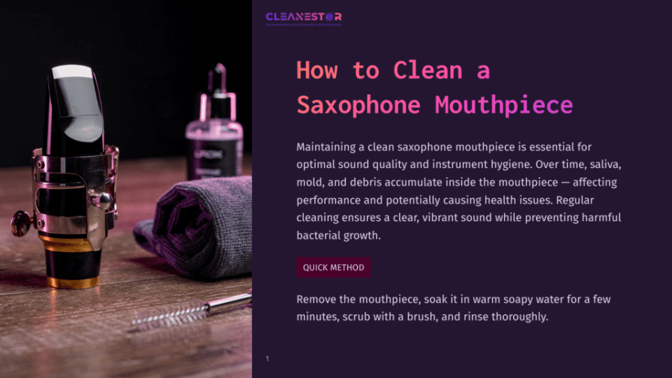 1 How To Clean A Saxophone Mouthpiece A Saxophone Mouthpiece With A Ligature And Cap Sits On A Wooden Surface Next To A Rolled-Up Dark Grey Cloth And A Small Cleaning Brush. A Bottle Of Cleaning Solution Is In The Blurred Background.