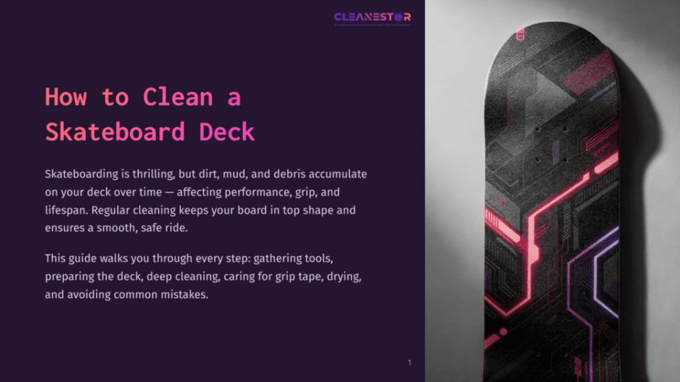 1 How To Clean A Skateboard Deck A Skateboard Deck With A Futuristic, Neon Circuit Board Design In Pink And Blue, Displayed Vertically Against A Dark Purple Background. The Text &Quot;How To Clean A Skateboard Deck&Quot; Is Prominently Featured On The Left.