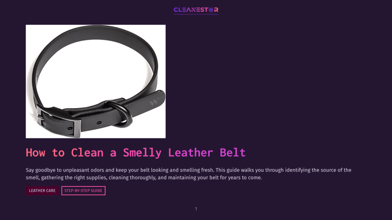 1 How To Clean A Smelly Leather Belt A Close-Up, Eye-Level Shot Of A Black Leather Belt With A Silver Buckle, Lying Flat Against A Dark, Textured Background. The Text &Quot;How To Clean A Smelly Leather Belt&Quot; Is Overlaid In Vibrant Pink And Purple.