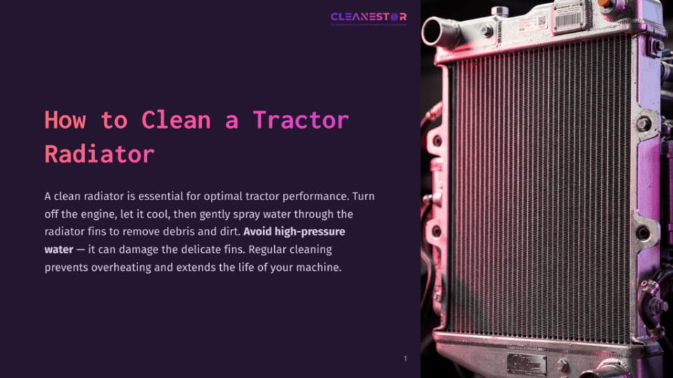 Close-Up Of A Clean Tractor Radiator, Showcasing Its Intricate Fins And Metal Construction. The Image Is Well-Lit, Highlighting The Texture And Detail Of The Radiator, With A Subtle Purple Hue Cast On The Left Side.