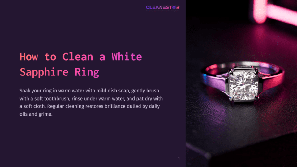 1 How To Clean A White Sapphire Ring Close-Up Of A Square-Cut White Sapphire Engagement Ring With A Silver Band, Resting On A Dark, Textured Surface With Soft Pink And Blue Neon Lighting Reflecting On The Ring And Surface. &Quot;Cleanestar&Quot; Logo At The Top.