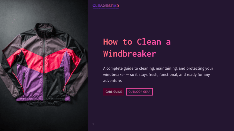 1 How To Clean A Windbreaker A Colorful Windbreaker Jacket With Purple, Pink, And Gray Panels Lies Flat On A Dark Surface. The Text &Quot;Cleanestor&Quot; And &Quot;How To Clean A Windbreaker&Quot; Is Visible.