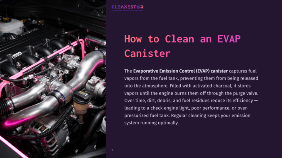 1 How To Clean An Evap Canister Close-Up Of A Car'S Engine Bay, Featuring Polished Silver Pipes, Hoses, And Engine Parts, Illuminated By Vibrant Pink Neon Lighting. The &Quot;Cleanestor&Quot; Logo Is Visible At The Top.