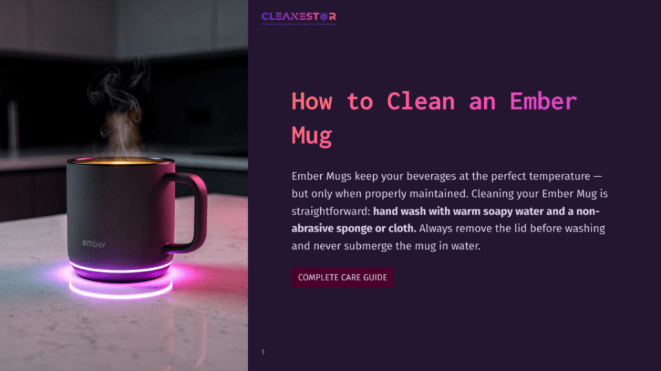 1 How To Clean An Ember Mug A Dark Gray Ember Mug Sits On A White Countertop, Emitting A Colorful Purple And Pink Glow From Its Base And Steam From Its Rim. The Text &Quot;Cleanestor&Quot; And &Quot;How To Clean An Ember Mug&Quot; Is Visible.