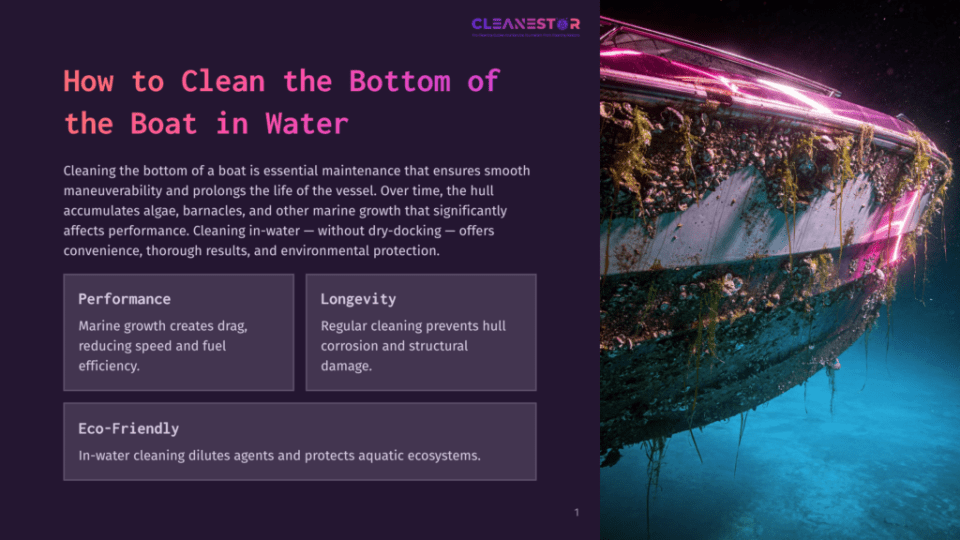 1 How To Clean The Bottom Of The Boat In Water An Underwater View Of A Boat Hull Covered In Algae, With A Close-Up Of The Algae Growth. The Water Is Clear, And The Boat Is Illuminated By Pink Light.