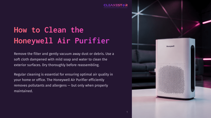 1 How To Clean The Honeywell Air Purifier A White Honeywell Air Purifier Sits On A Table In Front Of A Dark, Moody Background With Pink And Purple Lighting. The Text &Quot;How To Clean The Honeywell Air Purifier&Quot; Is Visible On The Left.