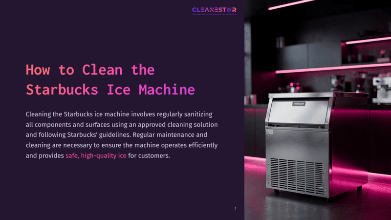 1 How To Clean The Starbucks Ice Machine Stainless Steel Ice Machine With A &Quot;Momentum&Quot; Logo On A Pink-Lit Counter, Next To Text &Quot;How To Clean The Starbucks Ice Machine&Quot; On A Dark Purple Background.