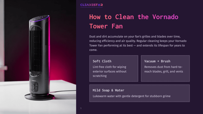 1 How To Clean The Vornado Tower Fan A Sleek, Black Vornado Tower Fan With Purple Led Lights Sits On A White Table, With Text Overlaying The Right Side Of The Image About Cleaning The Fan.