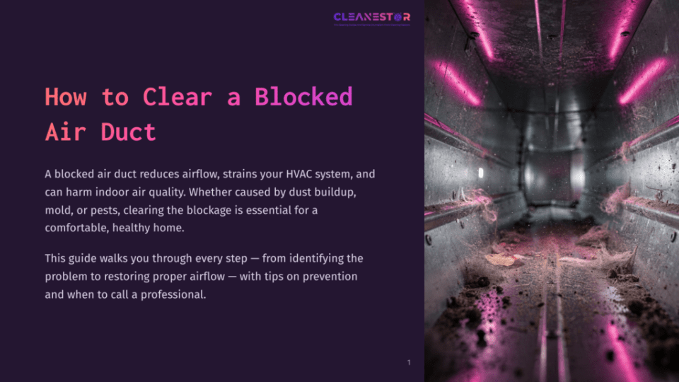 1 How To Clear A Blocked Air Duct Inside A Dirty, Metallic Air Duct With Dust Bunnies And Debris, Illuminated By Pink Uv Lights. Text Overlay: &Quot;Cleanestar How To Clear A Blocked Air Duct.
