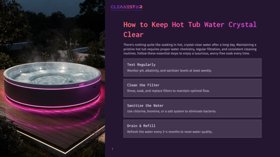 1 How To Keep Hot Tub Water Crystal Clear A Modern Circular Hot Tub Glows With Vibrant Pink And Purple Led Lights At Dusk, Set On A Wooden Deck With Matching Illuminated Accents. The Cleanestor Logo Is Visible.