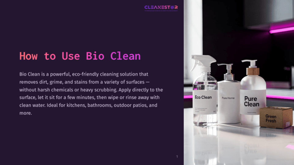 1 How To Use Bio Clean A Modern Kitchen Counter Features Three Bottles Of &Quot;Pure Home&Quot; Cleaning Spray And A Box Of &Quot;Green Fresh&Quot; Cleaning Products, With The Text &Quot;How To Use Bio Clean&Quot; Prominently Displayed On The Left.