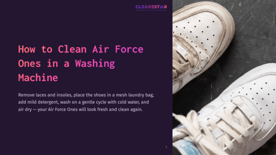 1 How To Clean Air Force Ones In A Washing Machine A Close-Up Of Worn White Sneakers With Perforations, Resting On A Dark Purple Surface, Highlighted By Cleaning Instructions.