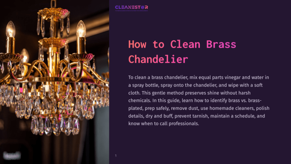 1 How To Clean Brass Chandelier Close-Up Of A Luxurious, Ornate Brass Chandelier With Sparkling Crystal Pendants, Illuminated By Warm Light. Text Overlay Reads &Quot;Cleanestor&Quot; And &Quot;How To Clean Brass Chandelier&Quot;.