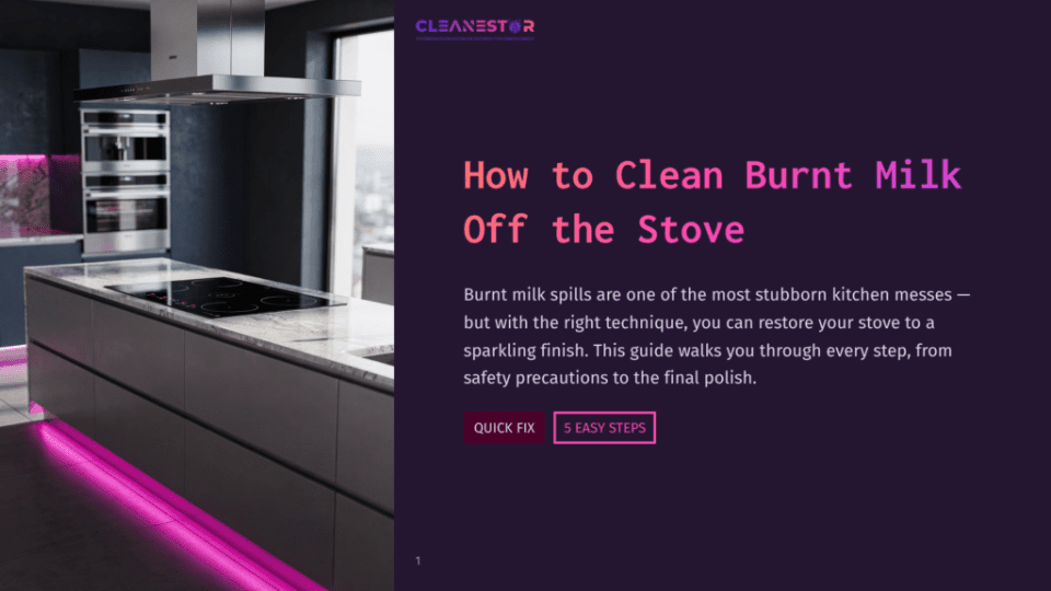 1 How To Clean Burnt Milk Off The Stove A Modern Kitchen With A Sleek, Dark Stovetop And Pink Under-Cabinet Lighting. The Text &Quot;How To Clean Burnt Milk Off The Stove&Quot; And &Quot;Cleanestor&Quot; Is Overlaid On The Image.