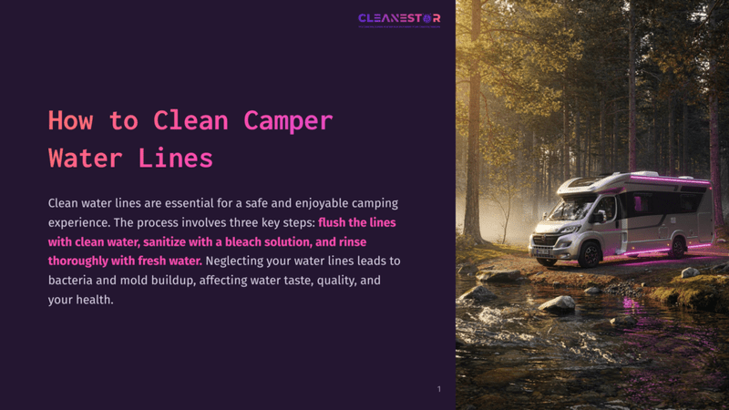 1 How To Clean Camper Water Lines A Modern Camper Van Is Parked By A Stream In A Forest At Sunset, With Neon Pink Lights Illuminating Its Exterior. The Text &Quot;Cleanestar&Quot; Is Visible In The Top Right Corner.