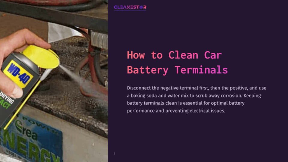 1 How To Clean Car Battery Terminals A Hand Sprays Wd-40 Onto Corroded Car Battery Terminals, With A Text Overlay Reading &Quot;How To Clean Car Battery Terminals&Quot;.