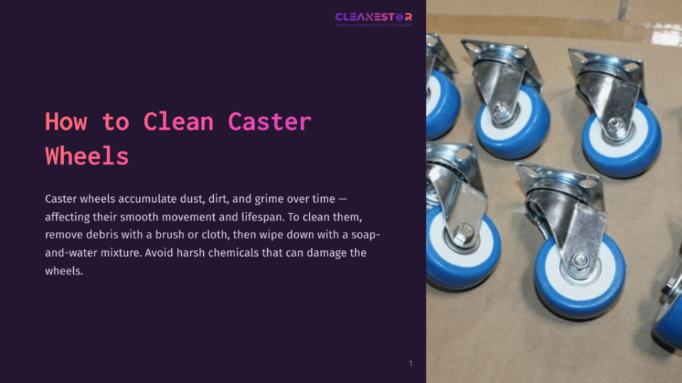 1 How To Clean Caster Wheels Several Blue Caster Wheels With Metal Brackets Are Arranged On A Brown Surface, Showing Grime Accumulation On Their Surfaces.