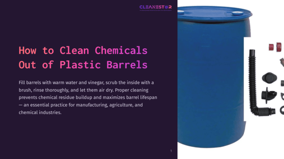 1 How To Clean Chemicals Out Of Plastic Barrels A Blue Plastic Barrel With A Black Spout And Measuring Tape, Placed On A White Background With Purple Text Highlighting Cleaning Steps.