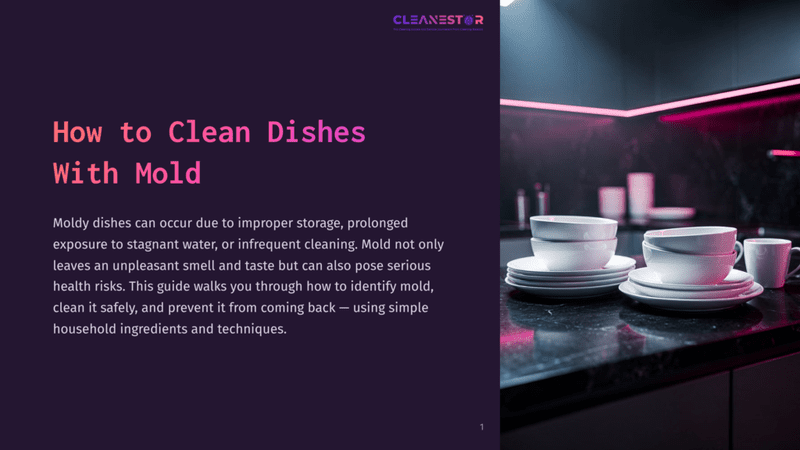 1 How To Clean Dishes With Mold Stack Of Clean White Dishes, Including Bowls And Plates, On A Dark Granite Countertop With Pink Neon Lighting In The Background. Text Overlay Reads &Quot;How To Clean Dishes With Mold&Quot;.