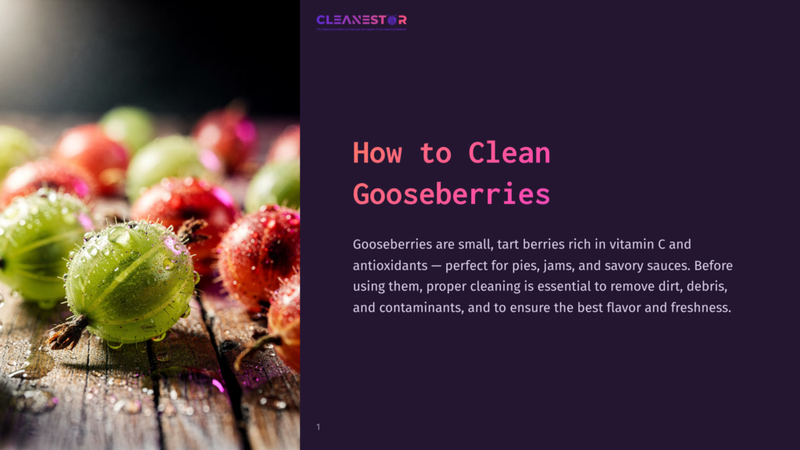 1 How To Clean Gooseberries Close-Up Of Fresh, Dewy Gooseberries In Various Shades Of Green And Red, Glistening On A Rustic Wooden Surface. Text Overlay Reads &Quot;How To Clean Gooseberries.