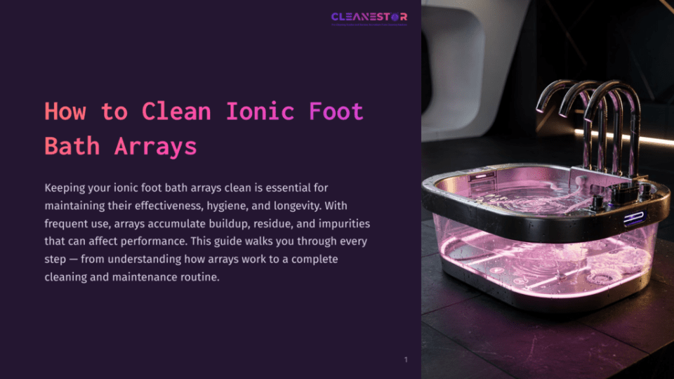 1 How To Clean Ionic Foot Bath Arrays Cleanestar Logo Above A Modern, Clear Ionic Foot Bath With Glowing Pink Lights, Multiple Chrome Faucets, And Swirling Water. Text Reads &Quot;How To Clean Ionic Foot Bath Arrays.