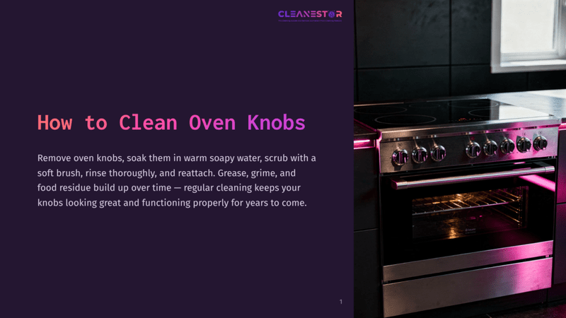 1 How To Clean Oven Knobs Stainless Steel Oven With Illuminated Knobs, Black Countertop, And A Purple Background. Text Instructions For Cleaning Visible.