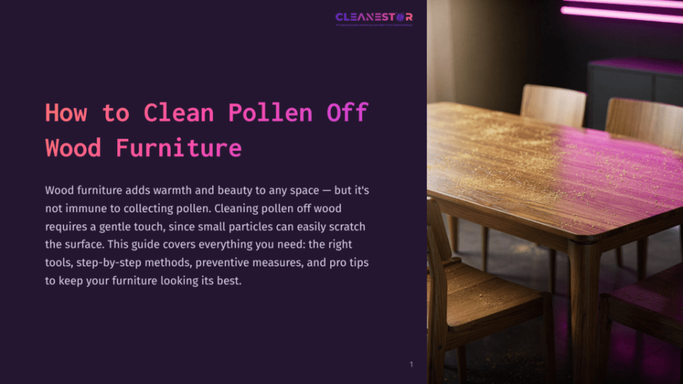 1 How To Clean Pollen Off Wood Furniture A Wooden Dining Table Covered In A Light Dusting Of Yellow Pollen, With Wooden Chairs Around It. The Image Is Part Of A Guide On &Quot;How To Clean Pollen Off Wood Furniture.