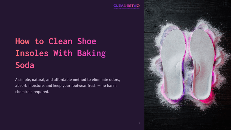 1 How To Clean Shoe Insoles With Baking Soda Two Shoe Insoles Dusted With White Baking Soda Sit On A Dark Wooden Surface, With Pink And Purple Light Reflecting On The Baking Soda.