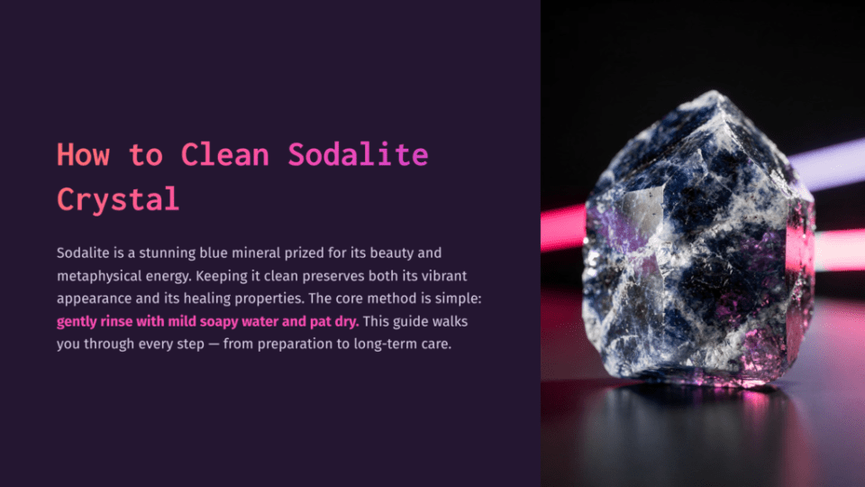1 How To Clean Sodalite Crystal A Raw, Faceted Sodalite Crystal With Deep Blue And White Inclusions Sits On A Dark Reflective Surface, Illuminated By Pink And Purple Light.