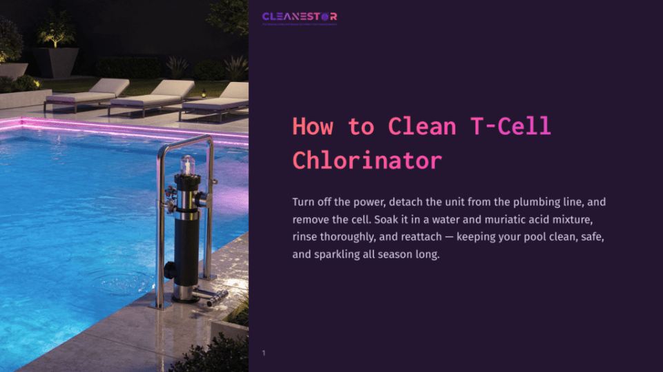 A Cleanestor T-Cell Chlorinator Unit Sits Beside A Vibrant Blue Swimming Pool At Night, With Lounge Chairs And Glowing Pink Pool Lights Visible In The Background.