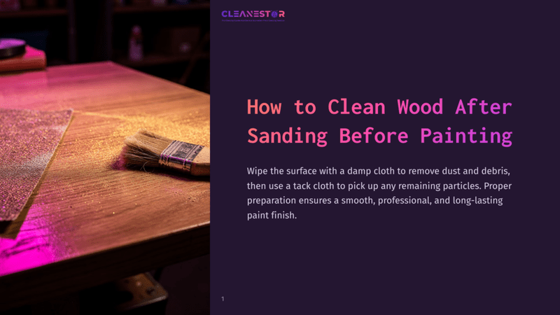 1 How To Clean Wood After Sanding Before Painting A Paintbrush Rests On A Sanded Wooden Surface, Illuminated By Pink And Purple Lights, With The Cleanestor Logo And &Quot;How To Clean Wood After Sanding Before Painting&Quot; Text Visible.