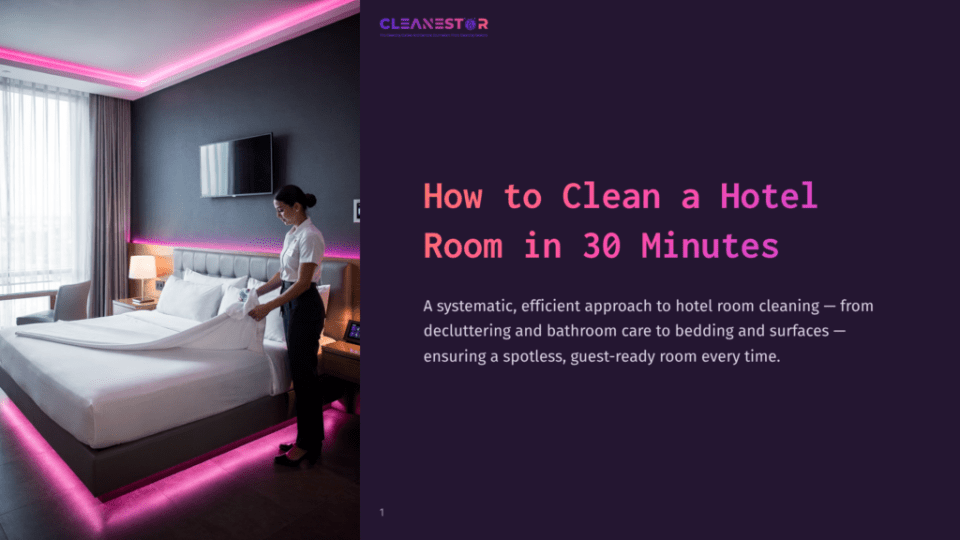 1 How To Clean A Hotel Room In 30 Minutes A Hotel Room With A Neatly Made Bed, Pink Ambient Lighting, And A Staff Member Arranging Linens, Showcasing An Organized Cleaning Space.