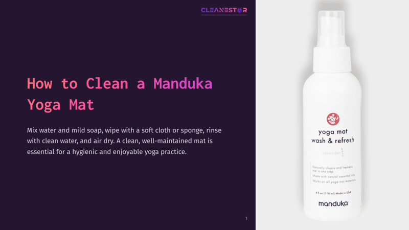 1 How To Clean A Manduka Yoga Mat A White Spray Bottle With A Label, Set Against A Dark Purple Background, Suggesting Cleaning Supplies For Yoga Mats.