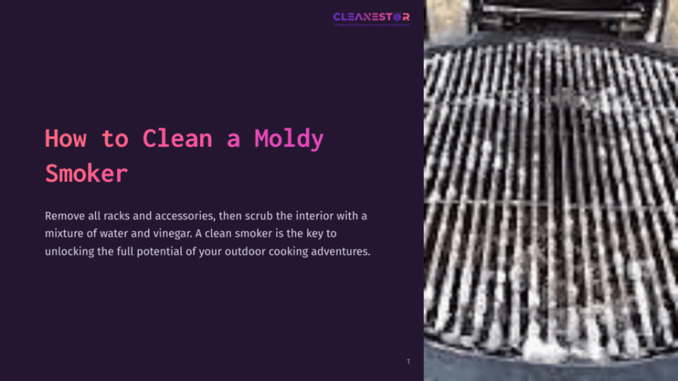1 How To Clean A Moldy Smoker Close-Up Of A Dirty Smoker Grill With Rusted Grates And Mold. A Purple Background Accentuates The Image, Emphasizing Cleaning Instructions.
