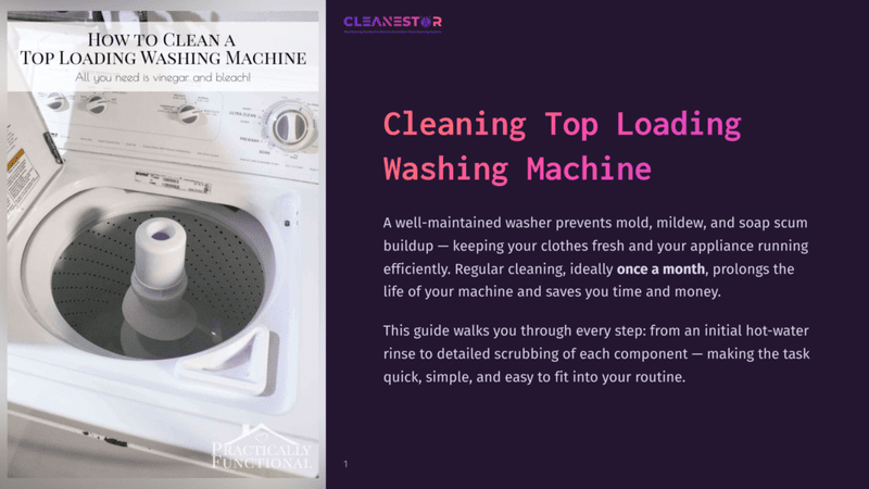 1 Cleaning Top Loading Washing Machine Close-Up Of The Interior Of A White Top-Loading Washing Machine, Showing The Agitator, Drum, And Control Panel With Text &Quot;How To Clean A Top Loading Washing Machine&Quot; And &Quot;Cleanestor&Quot;.