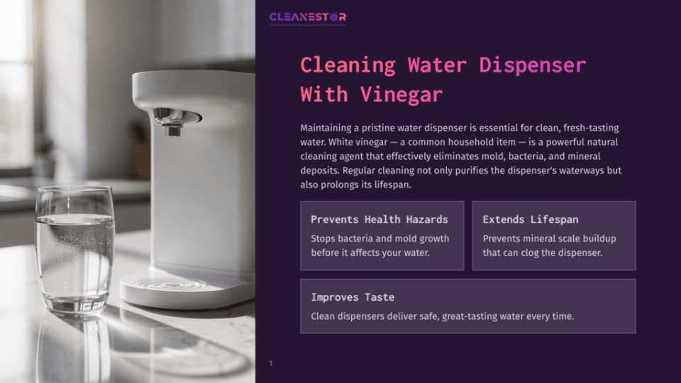 1 Cleaning Water Dispenser With Vinegar White Water Dispenser With A Glass Of Clear Water In Front, Next To Text About Cleaning Water Dispensers With Vinegar.