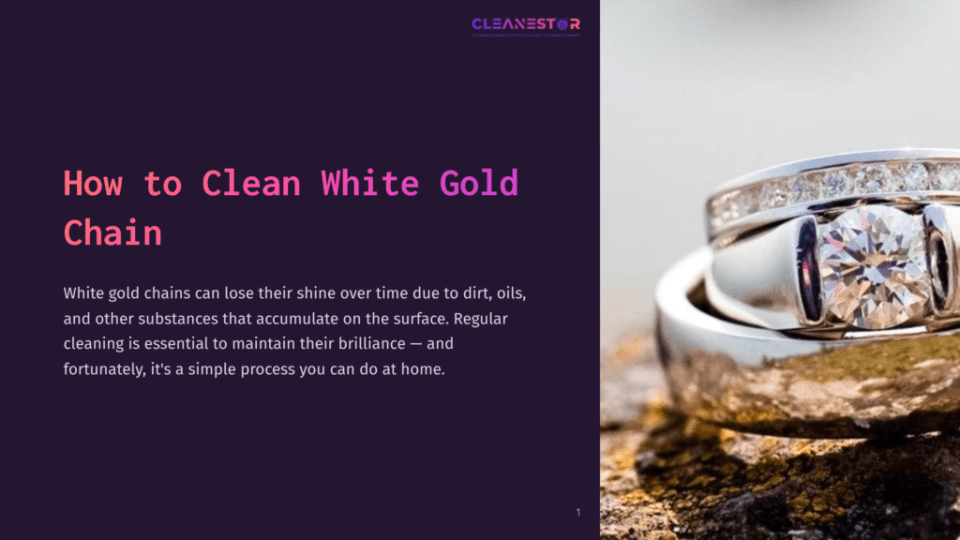 1 How To Clean White Gold Chain Close-Up Of Two Intertwined White Gold Rings With A Diamond, Set Against A Textured, Dark Background.