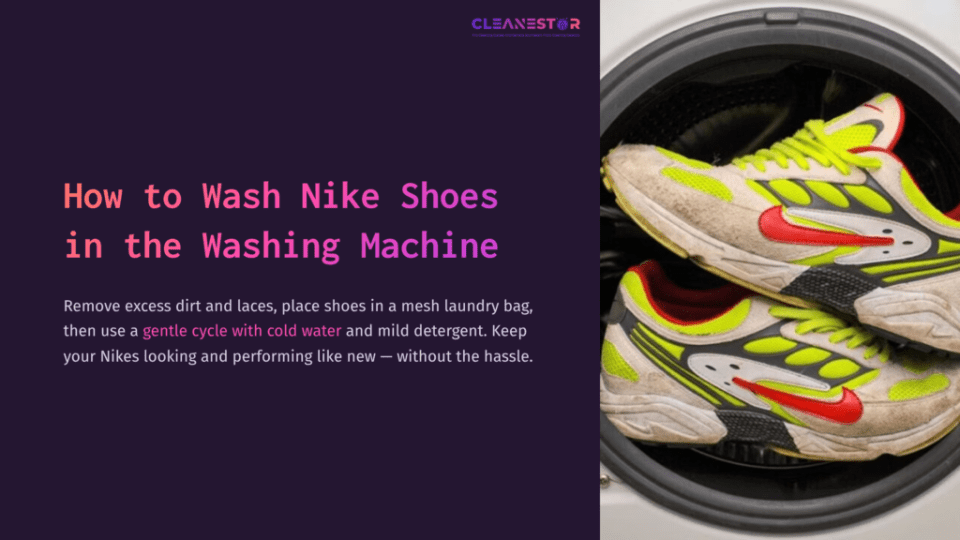 1 How To Wash Nike Shoes In The Washing Machine A Close-Up Of Colorful Nike Shoes Placed Inside A Gray Washing Machine Drum, Showcasing Vibrant Yellow And Red Accents On The Sneakers.
