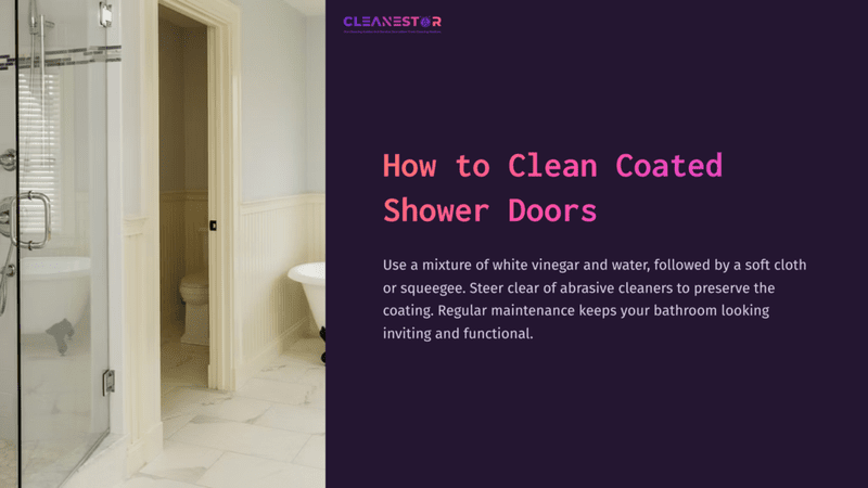 1 How To Clean Coated Shower Doors Bright Bathroom With Glass Shower Doors; White Walls And Tiled Floor. Instructions On Cleaning Coated Shower Doors Are Displayed.
