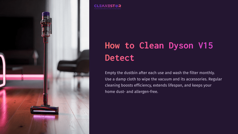 1 How To Clean Dyson V15 Detect A Purple And Silver Dyson V15 Detect Vacuum Stands Upright On A Wooden Floor With A Pink-Lit Background, Showcasing Modern Home Decor.