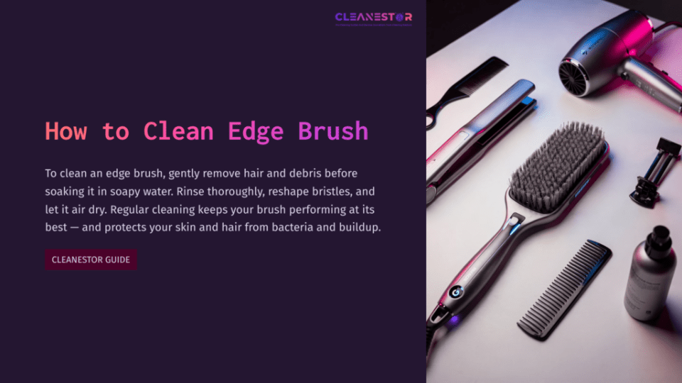 1 How To Clean Edge Brush A Colorful Edge Brush Next To A Comb And Hairdryer On A Dark Background, With Cleaning Instructions For The Brush.
