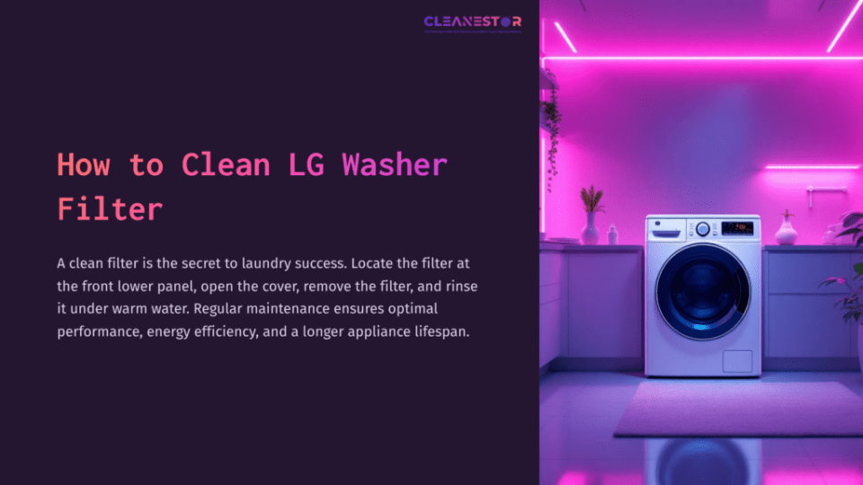 A Bright Laundry Room Features A Modern Lg Washer With A Blue Door, Surrounded By Ambient Purple Lighting And A Clean, Organized Layout.