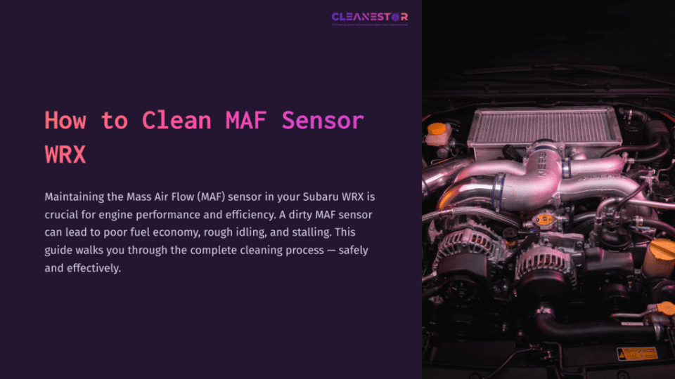 1 How To Clean Maf Sensor Wrx Close-Up Of A Subaru Wrx Engine, Highlighting The Maf Sensor Near The Air Intake. The Engine Components Are Metallic With A Dark Background.