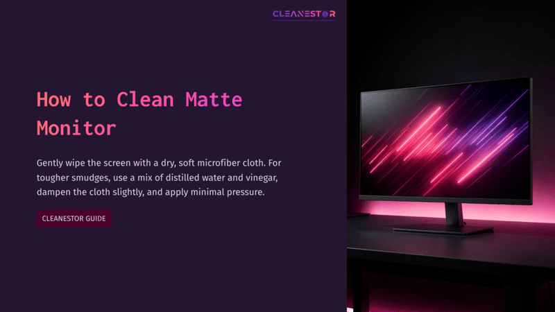 1 How To Clean Matte Monitor A Matte Monitor On A Dark Desk, With A Vibrant Pink And Purple Abstract Background, Accompanied By Cleaning Instructions In Pink Text.