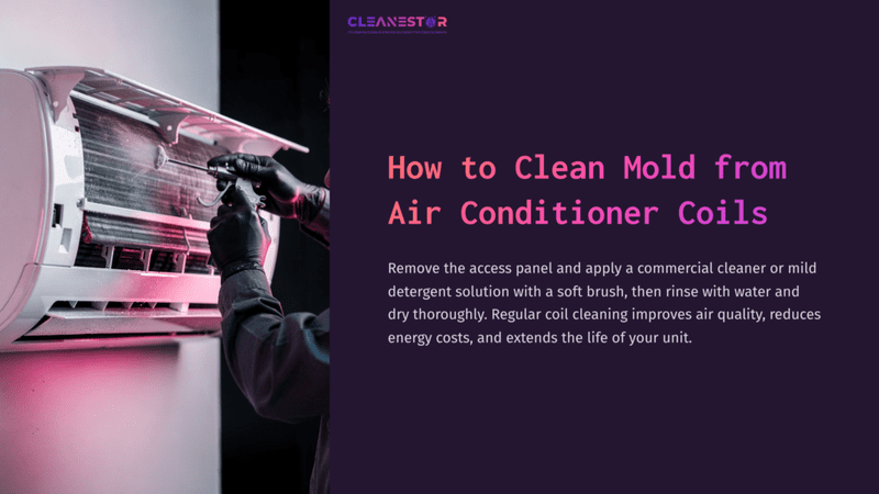 1 How To Clean Mold From Air Conditioner Coils A Person Cleaning Air Conditioner Coils With A Brush, Using A Commercial Cleaner, Set Against A Dark Purple Background.