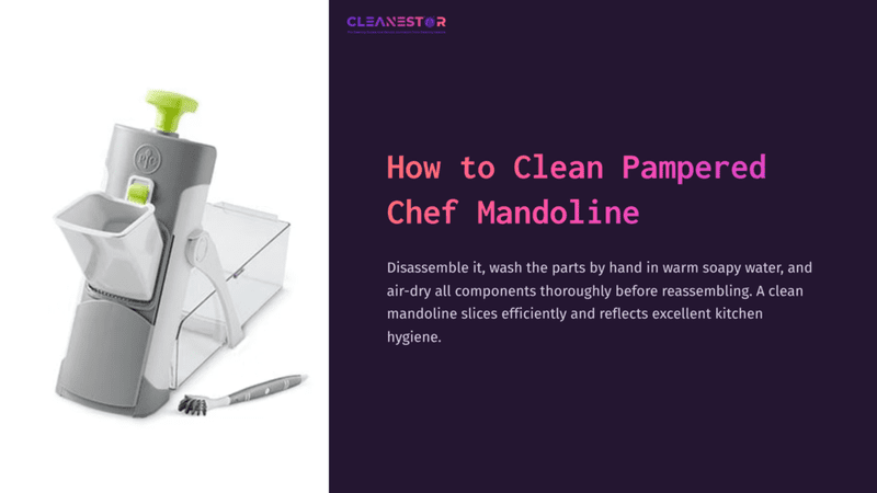 1 How To Clean Pampered Chef Mandoline Gray And Green Pampered Chef Mandoline Slicer With A Container; Instructions On Cleaning Displayed In Bold Pink And White Text.